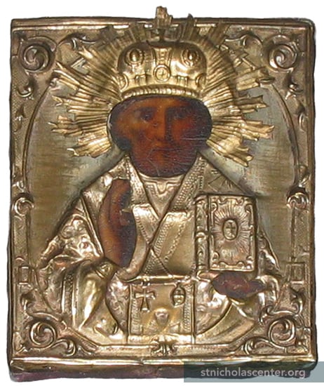 St Nicholas icon with brass oklad St Nicholas icon with brass oklad