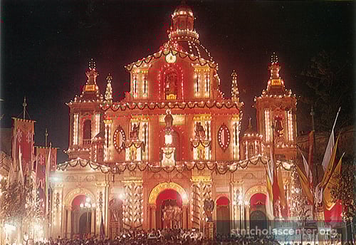 Brightly decorated church, festooned with lights Brightly decorated church, festooned with lights